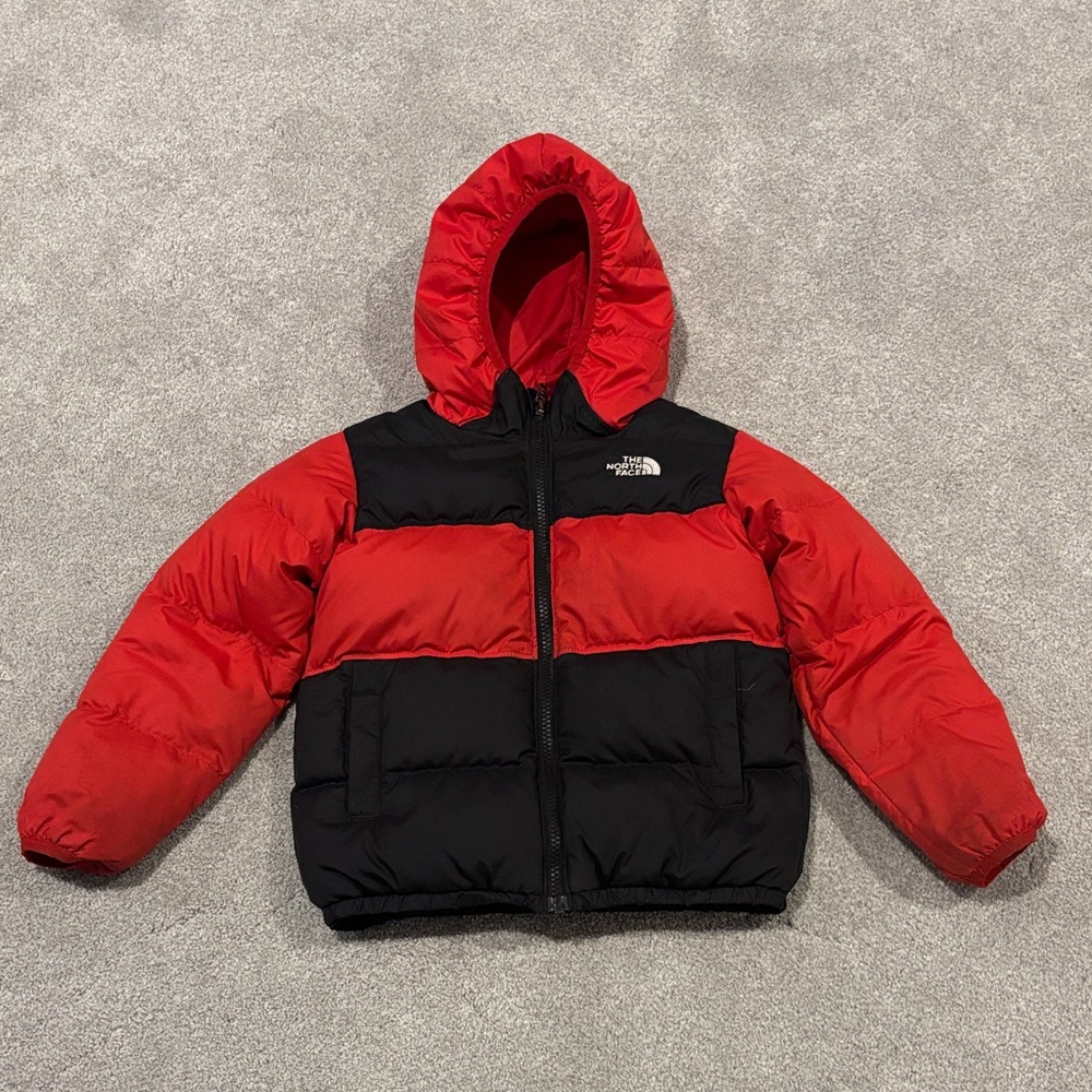 The North Face Kids Moondoggy Down Red and Black Hooded Jacket